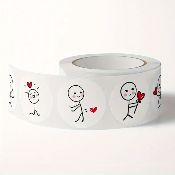 (31) Roll of 500 Whimsical Cartoon Stick Man with Heart Stickers (1” diam) - Picture 5 of 7